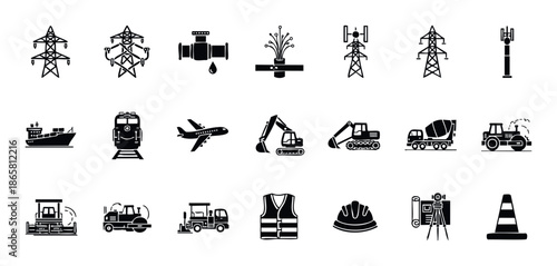 A set of essential icons depicting infrastructure, transportation, construction, and safety equipment, valuable for engineering and urban development project visual assets