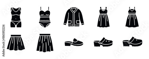 A collection of essential summer apparel and footwear icons for women, featuring various swimsuits, dresses, skirts, and shoes, suitable for ecommerce, retail, or holiday season visual