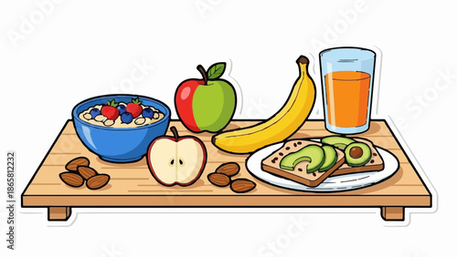 A colorful, cartoon-style illustration of a breakfast tray with a bowl of oatmeal, fruits, nuts, toast, and juice