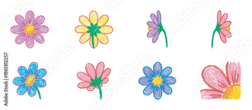 Set of colorful hand-drawn flowers in a childlike crayon sketch style, featuring various daisy illustrations with a rough, naive texture in pink, blue, yellow, and purple hues