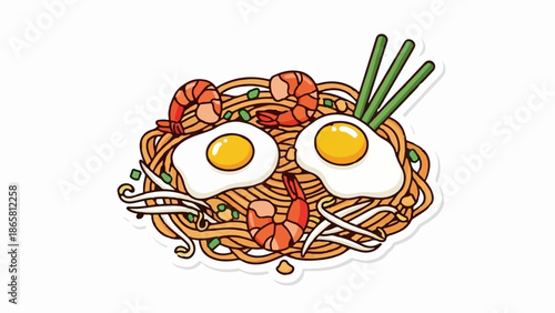 A cute cartoon depicts a noodle dish with shrimp, eggs, and bean sprouts