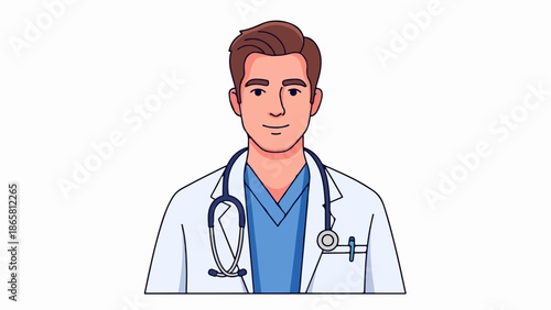Cartoon illustration of a smiling male doctor in a white coat with a stethoscope