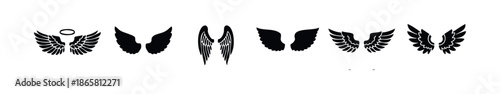 A comprehensive collection of diverse stylized wing silhouettes including angel wings with a halo perfect for religious themes mythology branding or graphic design projects