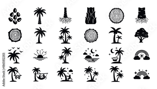 Palm tree and tropical nature black silhouette icon set offering versatile graphic elements for travel agencies, vacation advertisements, web graphics, and environmental campaigns.