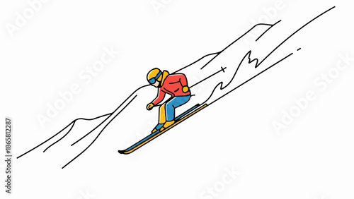 A person in winter gear skis down a snowy mountain slope with poles