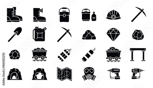 Comprehensive collection of essential mining tools, equipment, and raw materials presented as glyph icons, perfect for illustrating industrial safety, underground exploration, or resource