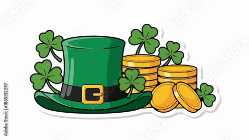Green leprechaun hat with gold coins and shamrocks