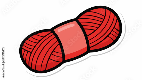 A simple, stylized illustration of a bright red ball of yarn, banded with a lighter red paper wrapper