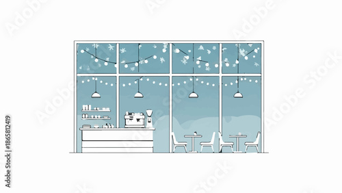 Cozy cafe interior with espresso machine, tables, chairs, and festive string lights on window