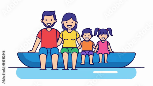 Happy family of four sitting on a blue boat, smiling