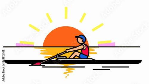 A single person rows a boat at sunset, with sun rays and reflections