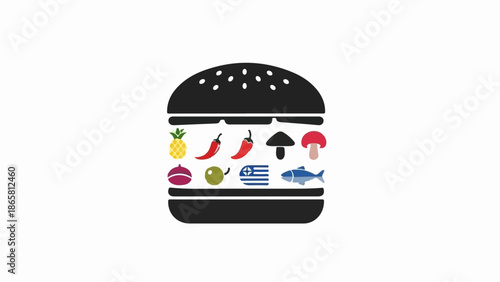 Stylized burger illustration with diverse ingredients like fruit, vegetables, and fish
