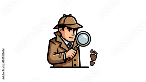 Detective Examining Footprint with Magnifying Glass.