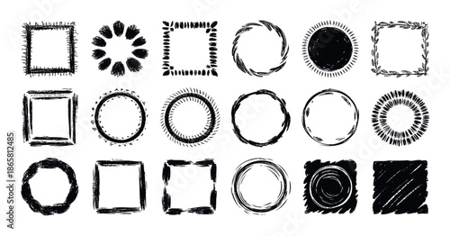 Collection of handdrawn brushstroke frames and organic textured shapes perfect for adding a grunge aesthetic to various graphic design projects and digital media