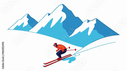 Stylized skier descends snowy slope with blue, white mountains in background