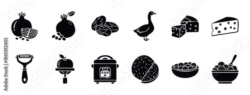 Collection of diverse food items including fresh fruits like pomegranates and berries, dried dates, cheese, and a goose, along with essential kitchen tools and a modern rice cooker for