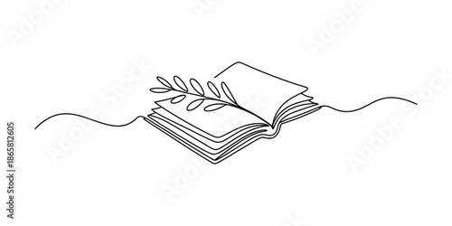 Continuous line art drawing of an open book with a branch resting on its pages