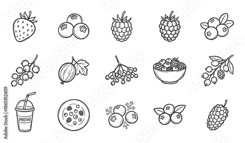 Hand-drawn berry and fruit icon collection with strawberry, raspberry, blueberry, currant, smoothie, and a bowl of mixed berries in a simple black line art vector illustration style