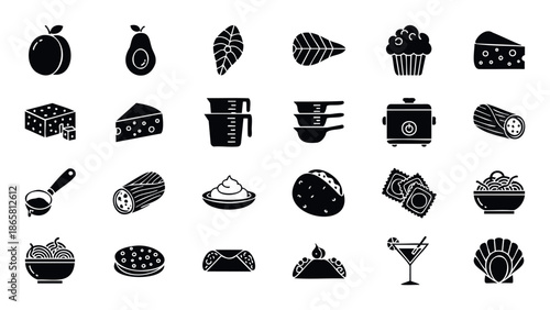 Comprehensive set of simple black glyph icons depicting various food ingredients dishes and kitchen utensils useful for restaurant menus and grocery store signage