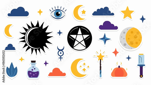 Collection of celestial, mystical, and magical symbols like sun, moon, stars, and potions