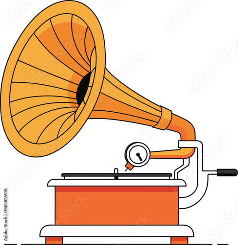 Vintage gramophone record player vector illustration with classic horn design isolated for retro music and nostalgia themes