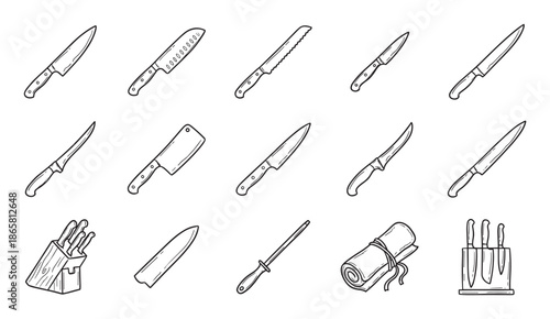Collection of hand-drawn kitchen knives and chef tools, including a cleaver, santoku, bread knife, and knife block, presented as a black and white line art illustration set