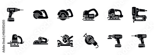 Versatile power tools icon set for construction and carpentry projects, illustrating a comprehensive range of essential workshop equipment for various industrial applications and DIY
