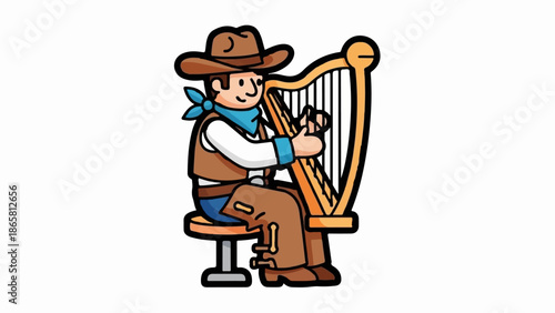 Cartoon cowboy playing a harp on a stool