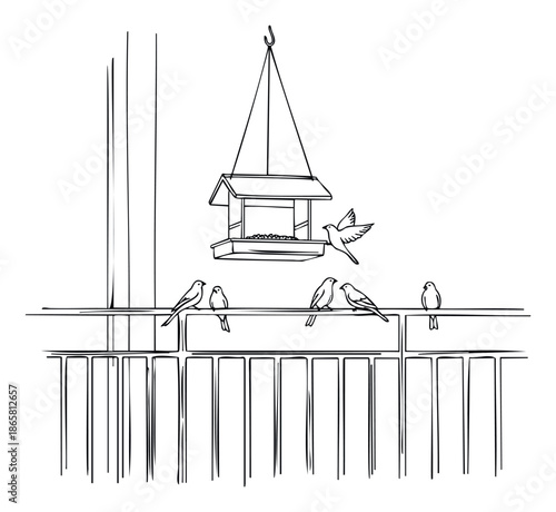 Discover birds interacting with a hanging feeder and resting on a balcony railing, ideal for educational materials, naturethemed publications, and backyard wildlife appreciation content.