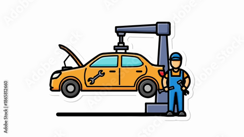 A cartoon mechanic works on a yellow car on a lift