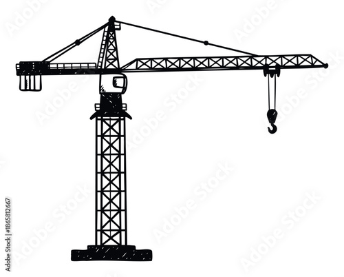 A sturdy tower crane, rendered in a distinctive handdrawn sketch style, ready for heavy lifting and construction projects, suitable for engineering, architecture, and industrial concepts.