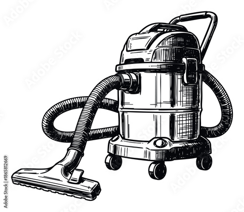 Industrial vacuum cleaner sketch with hose and floor nozzle, suitable for cleaning service promotions, workshop equipment catalogs, or home maintenance guides