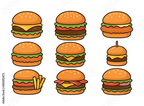 Assorted cartoon burgers with lettuce tomatoes cheese and fries on white background