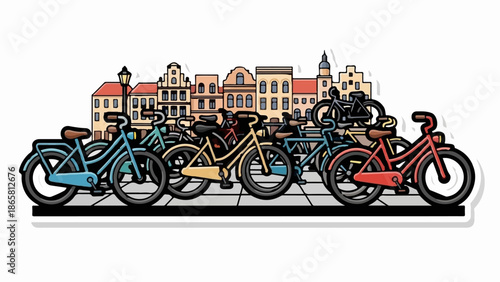 Colorful bicycles parked against a backdrop of quaint European-style buildings