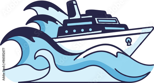 A stylized white ship navigates through stylized blue waves