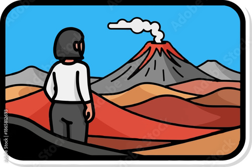 Person watches a volcano erupt with smoke billowing into the bright blue sky