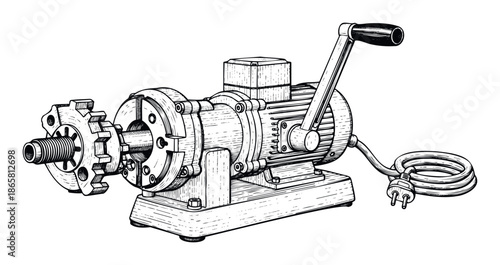 Industrial mechanical device with an electric motor and crank handle featuring an attached grinding mechanism, suitable for technical manuals, engineering presentations, and workshop