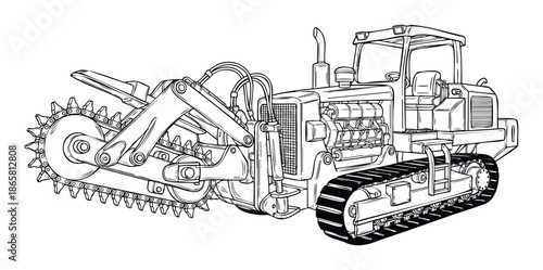 Detailed outline drawing of a heavyduty trencher construction machine featuring continuous tracks, perfect for engineering publications, construction presentations, or educational equipment