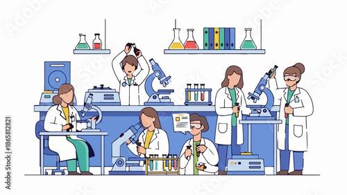 Scientists in a laboratory setting, performing experiments with microscopes and test tubes