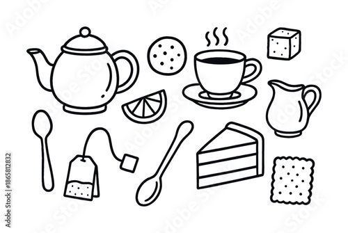 Tea time doodle collection with teapot, cup, sweets, and utensils