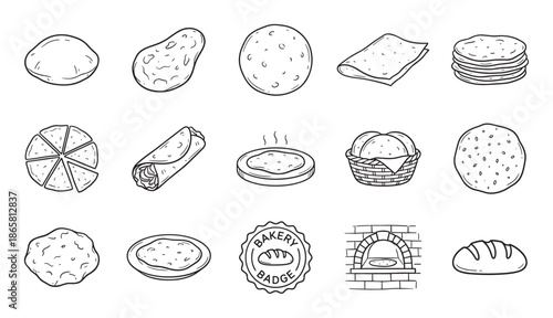 Various hand-drawn bread and bakery icons including flatbread, dough, loaf, wrap, and a brick oven in a simple black and white doodle style illustration