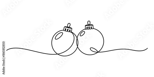 Minimalist one-line art illustration of two hanging christmas baubles on a white background