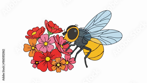 A cartoon fly with yellow and black stripes, and light blue wings, sips nectar from a cluster of red, pink, and orange flowers