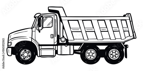 Monochrome outline drawing of a heavy duty dump truck for construction and mining operations, ideal for educational materials, industrial blueprints, or childrens activity books