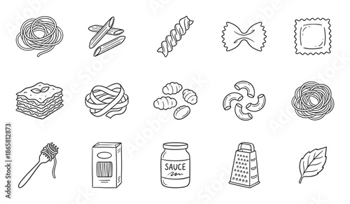 Hand-drawn set of various pasta types and Italian food icons in a black and white doodle style, including spaghetti, lasagna, ravioli, sauce, and a grater for a culinary concept