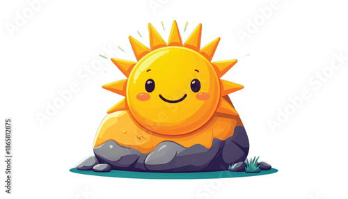 Cartoon Sun Character Resting on Rocks with a Cheerful Smile.
