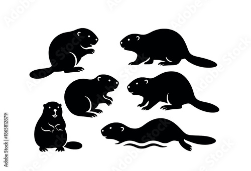Silhouette collection of beavers in various poses and activities