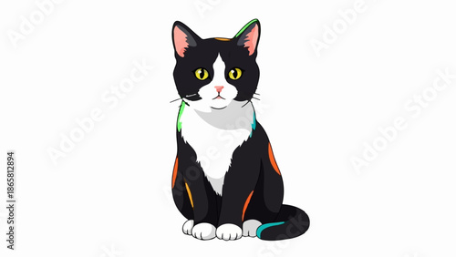 A pixel art black and white cat with colorful accents sits patiently