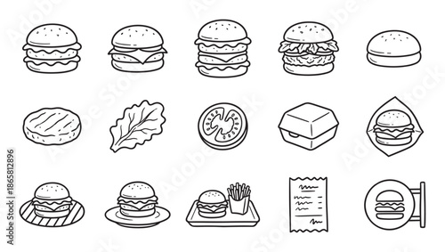 Collection of hand-drawn burger icons featuring various hamburgers, cheeseburgers, ingredients, and fast food elements in a simple black and white line art doodle style