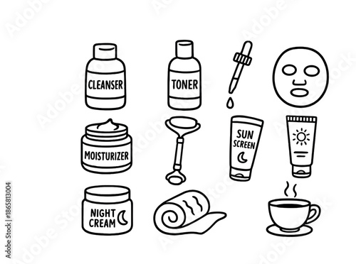 Skincare essentials: cleanser, toner, serum, mask, moisturizer, roller, sunscreen, night cream, towel, tea